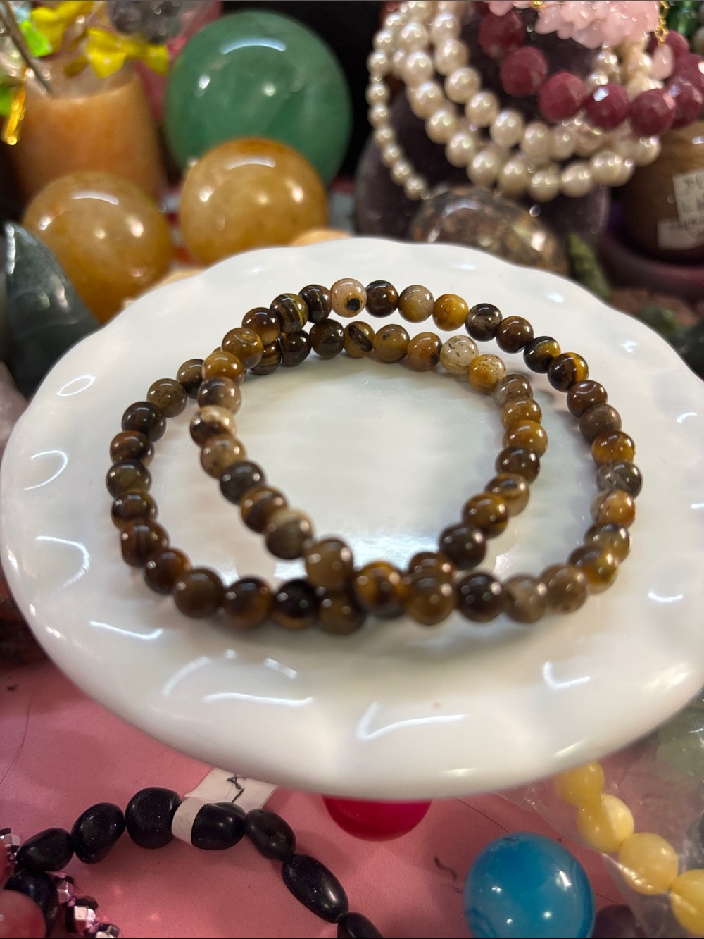 Natural Tiger's Eye Beaded Stretch Bracelet - Brown
